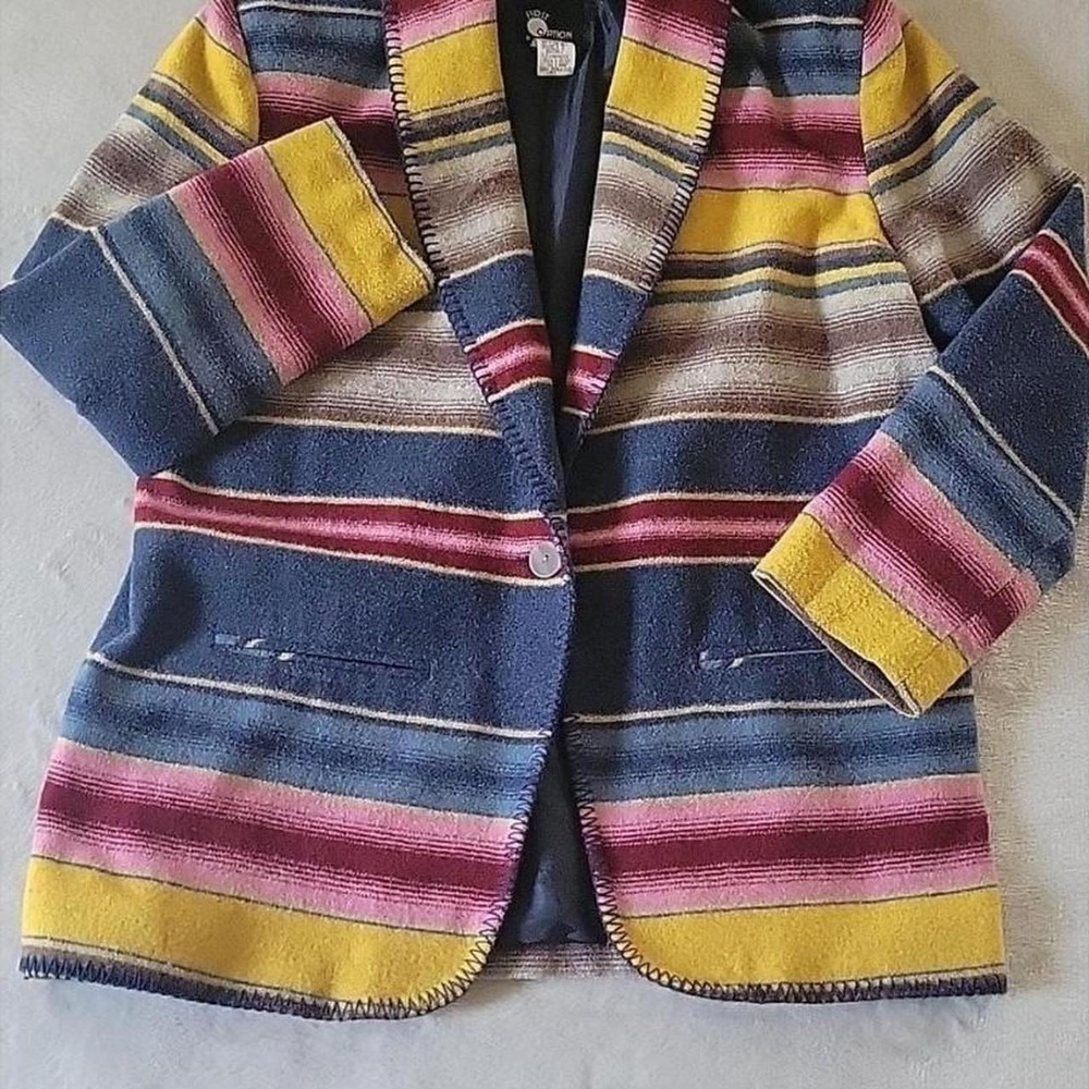 Boho Southwestern Striped Blanket Coat Aztec Style Wool Blend Jacket | PLarge